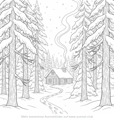 Winterwald mit Hütte Ausmalbild