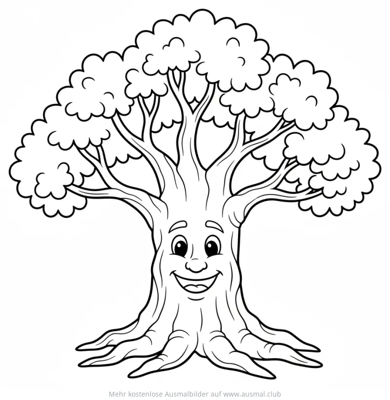Freundlicher Eichenbaum mit Gesicht Ausmalbild