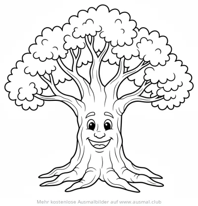 Freundlicher Eichenbaum mit Gesicht Ausmalbild