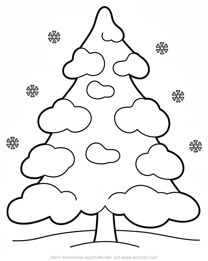 Tanne mit Schnee und Schneeflocken Ausmalbild