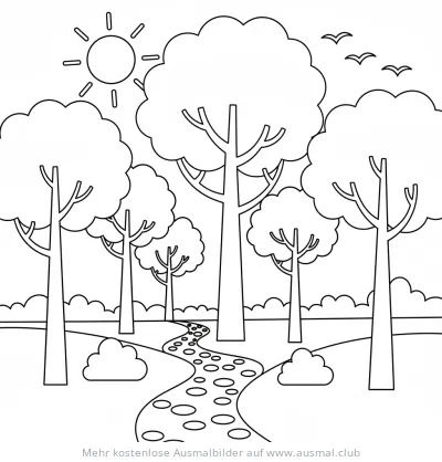 Wald mit Bäumen, Sonne und Pfad Ausmalbild