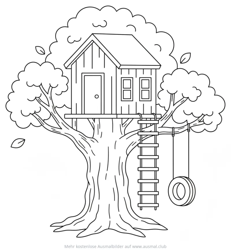 Baumhaus im Baum mit Leiter und Reifenschaukel Ausmalbild