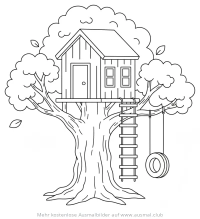 Baumhaus im Baum mit Leiter und Reifenschaukel Ausmalbild