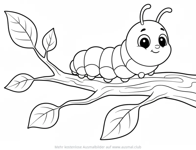 Freundliche Raupe auf einem Ast mit Blättern Ausmalbild
