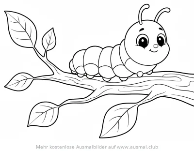 Freundliche Raupe auf einem Ast mit Blättern Ausmalbild