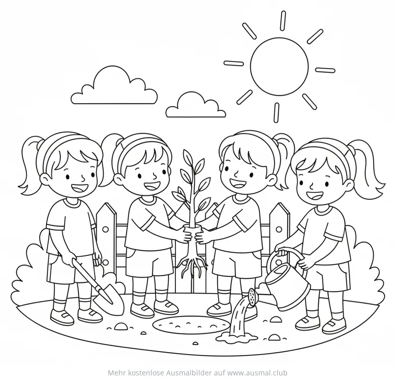 Kinder pflanzen Baum Ausmalbild