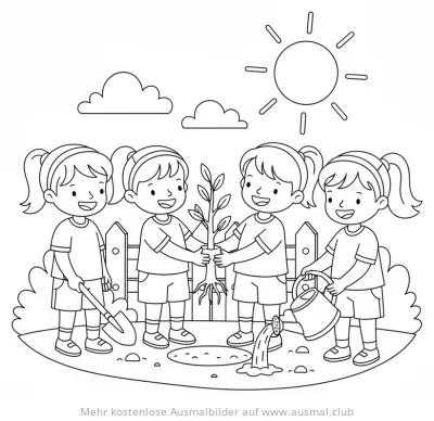 Kinder pflanzen Baum Ausmalbild