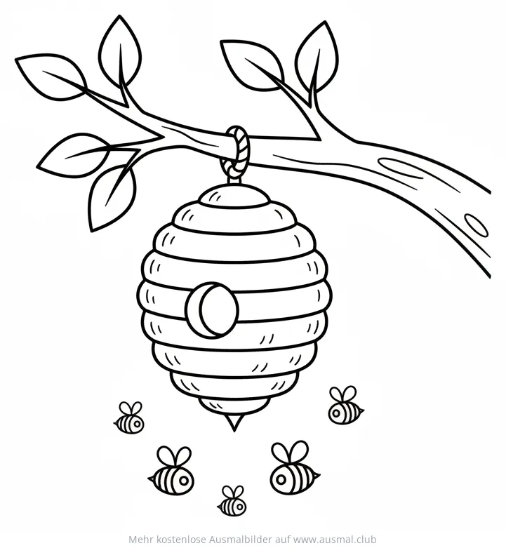 Bienenstock hängt am Ast, umgeben von Bienen Ausmalbild