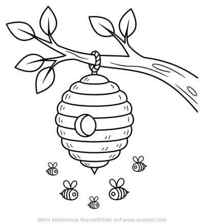 Bienenstock hängt am Ast, umgeben von Bienen Ausmalbild