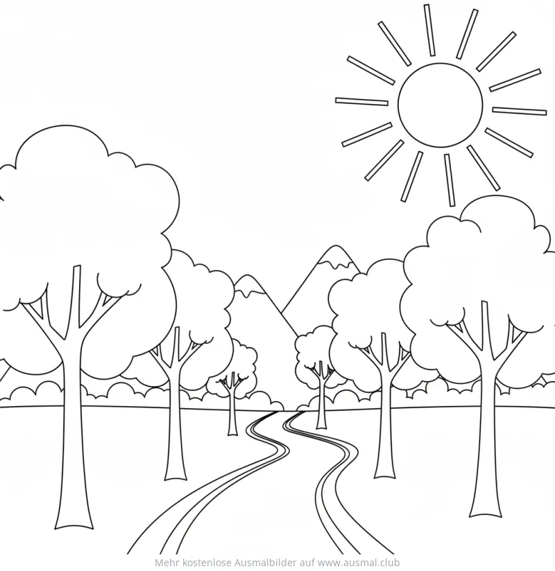 Waldweg mit Bäumen, Bergen und Sonne Ausmalbild