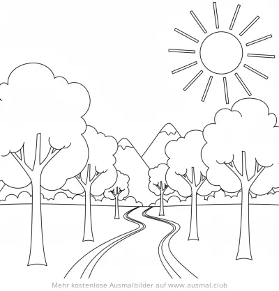 Waldweg mit Bäumen, Bergen und Sonne Ausmalbild
