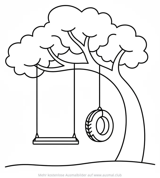 Baum mit Holzschaukel und Reifenschaukel Ausmalbild
