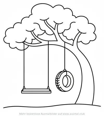 Baum mit Holzschaukel und Reifenschaukel Ausmalbild