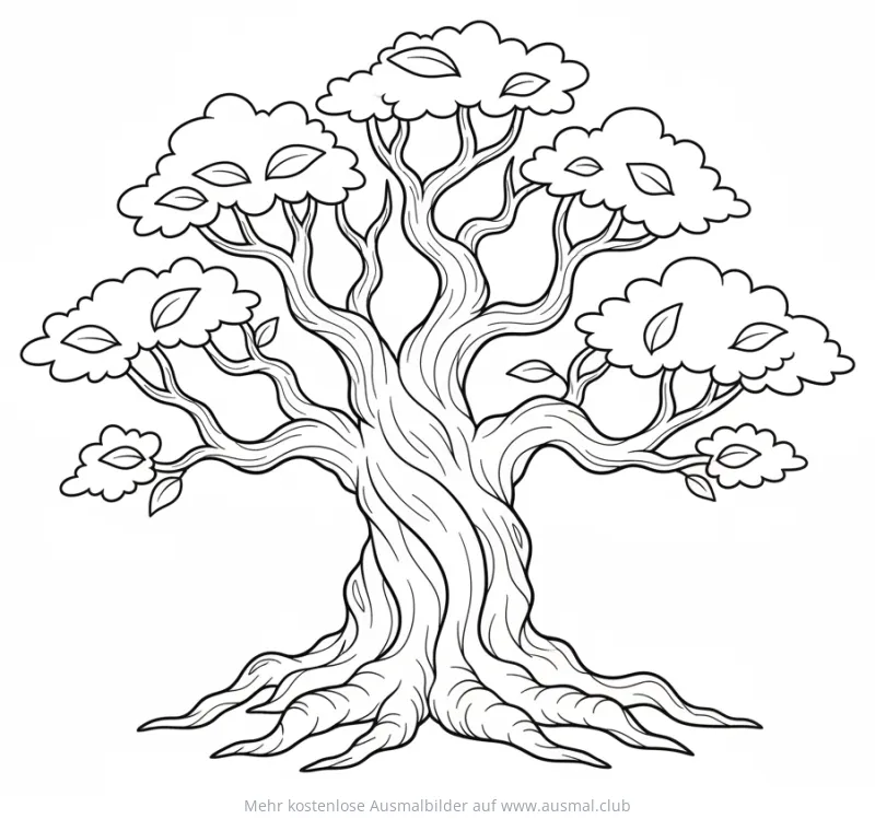 Alte Eiche Ausmalbild mit dicken Wurzeln