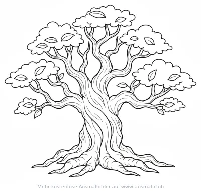 Alte Eiche Ausmalbild mit dicken Wurzeln