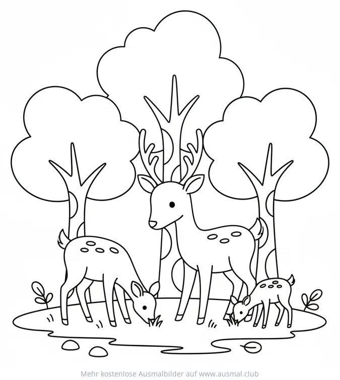Hirsch, Rehkitz und Hirschfamilie im Wald Ausmalbild