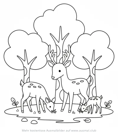Hirsch, Rehkitz und Hirschfamilie im Wald Ausmalbild