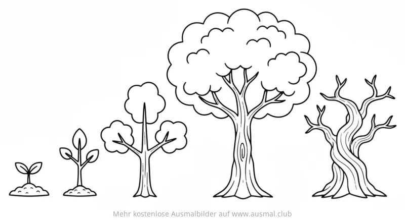 Baum Wachstum Ausmalbild mit verschiedenen Wachstumsstadien