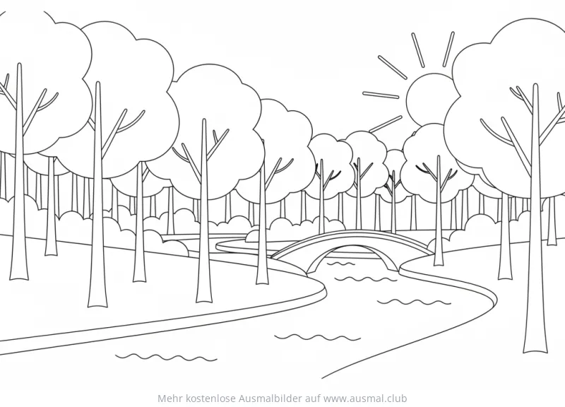 Flusslandschaft mit Brücke und Bäumen Ausmalbild