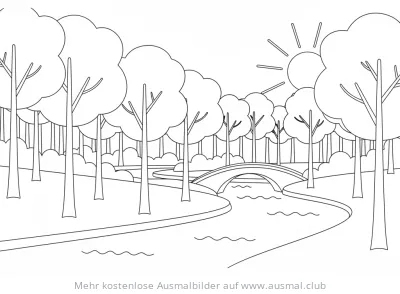 Flusslandschaft mit Brücke und Bäumen Ausmalbild