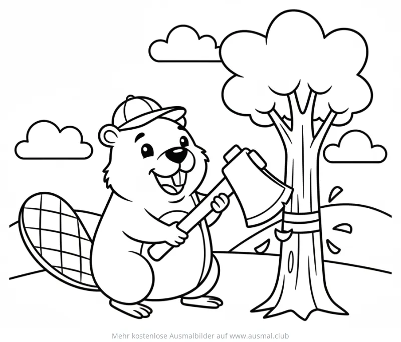 Biber mit Axt beim Baumfällen Ausmalbild