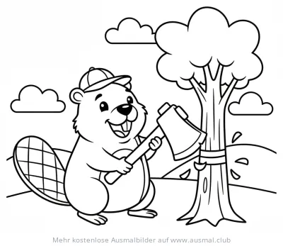 Biber mit Axt beim Baumfällen Ausmalbild