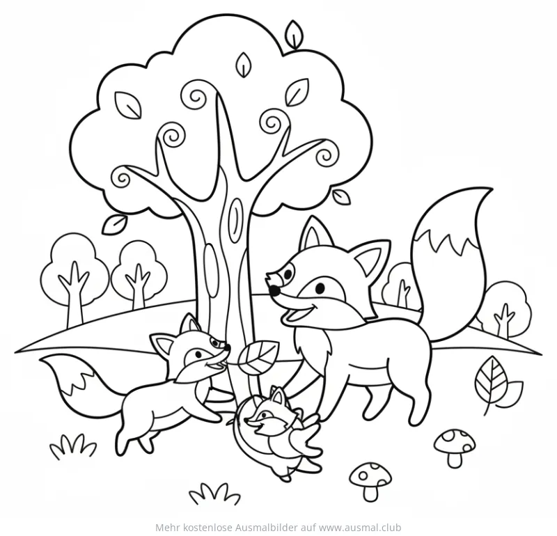 Fuchs Familie unter Baum Ausmalbild