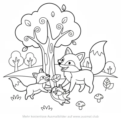 Fuchs Familie unter Baum Ausmalbild
