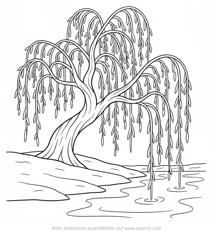 Trauerweide am Ufer Ausmalbild