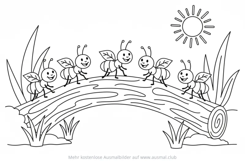Ameisen auf Baumstamm Ausmalbild mit Sonne
