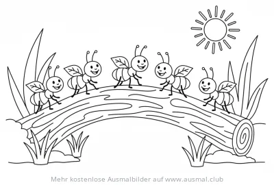 Ameisen auf Baumstamm Ausmalbild mit Sonne