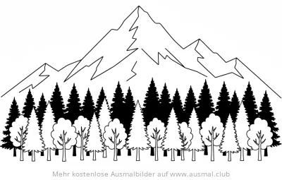 Bergwald mit Nadelbäumen und Laubbäumen Ausmalbild