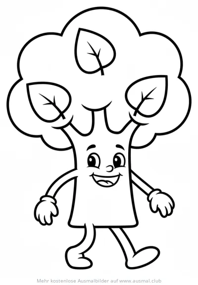 Fröhliche Baumperson mit Gesicht und Beinen Ausmalbild