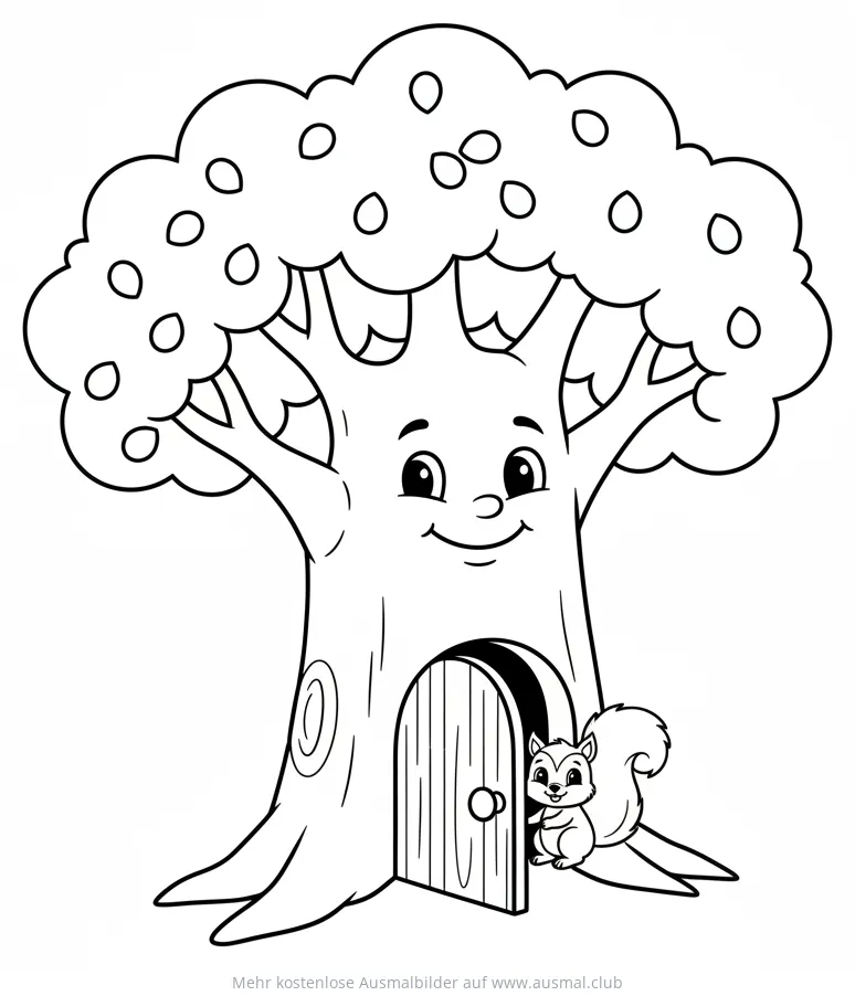 Baumgesicht mit Tür und Eichhörnchen Ausmalbild
