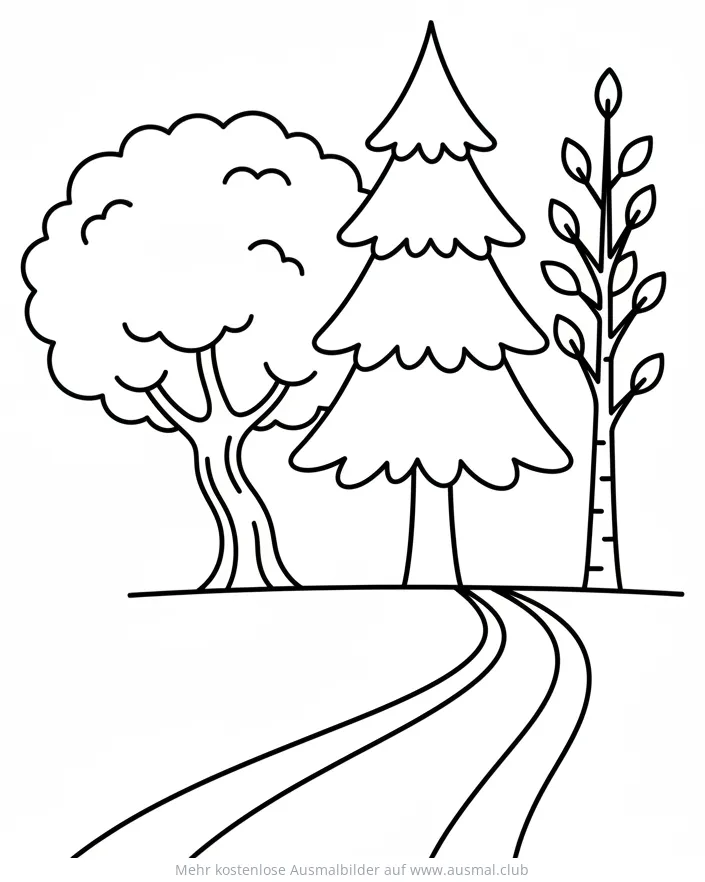 Waldlandschaft mit drei Bäumen und Weg Ausmalbild
