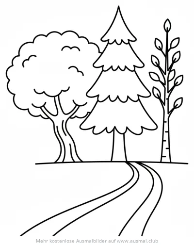 Waldlandschaft mit drei Bäumen und Weg Ausmalbild