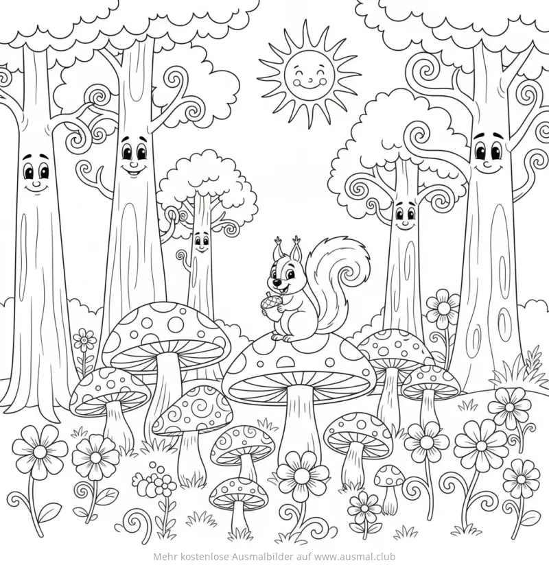Eichhörnchen auf Pilz im Wald Ausmalbild
