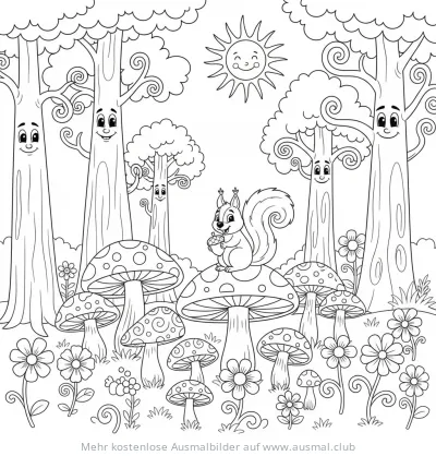 Eichhörnchen auf Pilz im Wald Ausmalbild
