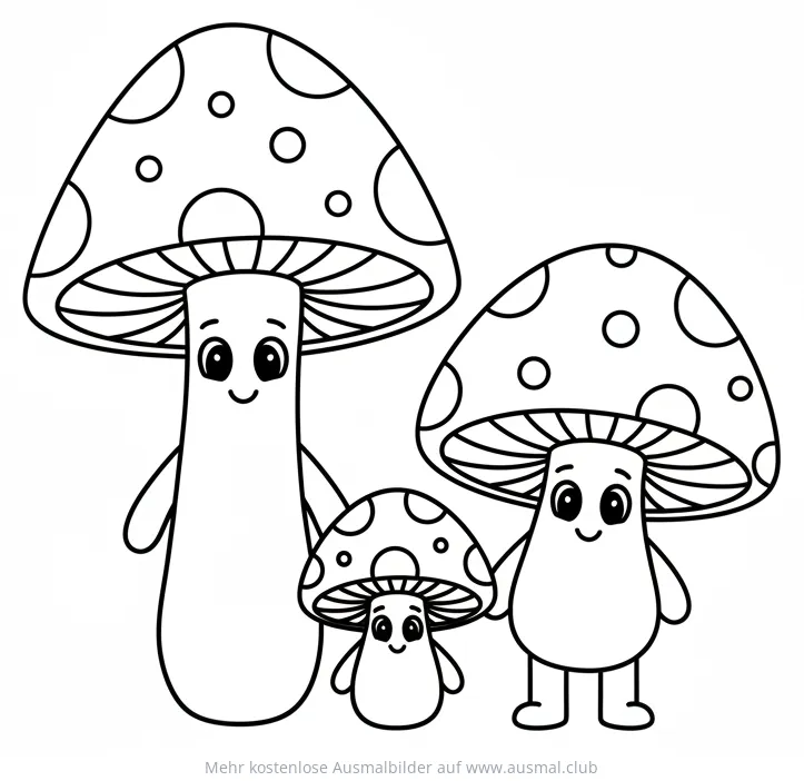 Drei freundliche Pilze mit Punkten Ausmalbild