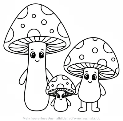 Drei freundliche Pilze mit Punkten Ausmalbild