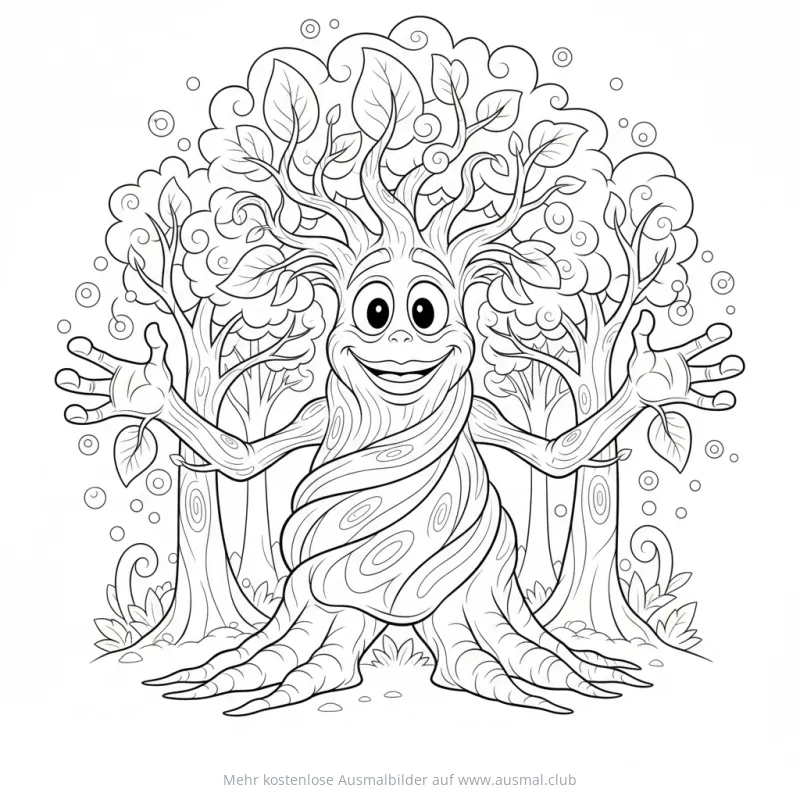 Freundliches Baummonster Ausmalbild mit Bäumen im Hintergrund