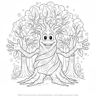 Freundliches Baummonster Ausmalbild mit Bäumen im Hintergrund