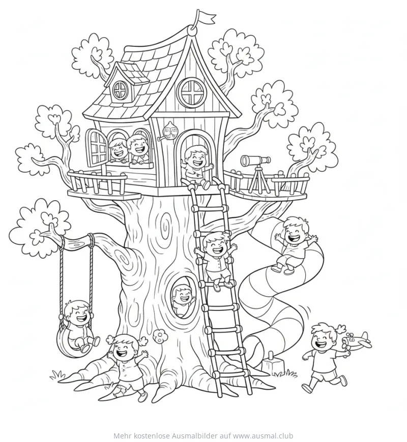 Baumhaus Ausmalbild mit spielenden Kindern