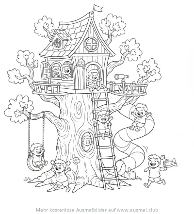 Baumhaus Ausmalbild mit spielenden Kindern