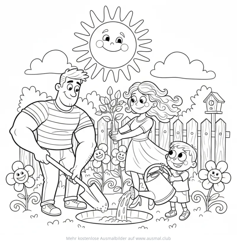 Familie pflanzt Baum Ausmalbild