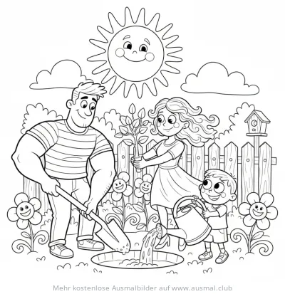 Familie pflanzt Baum Ausmalbild
