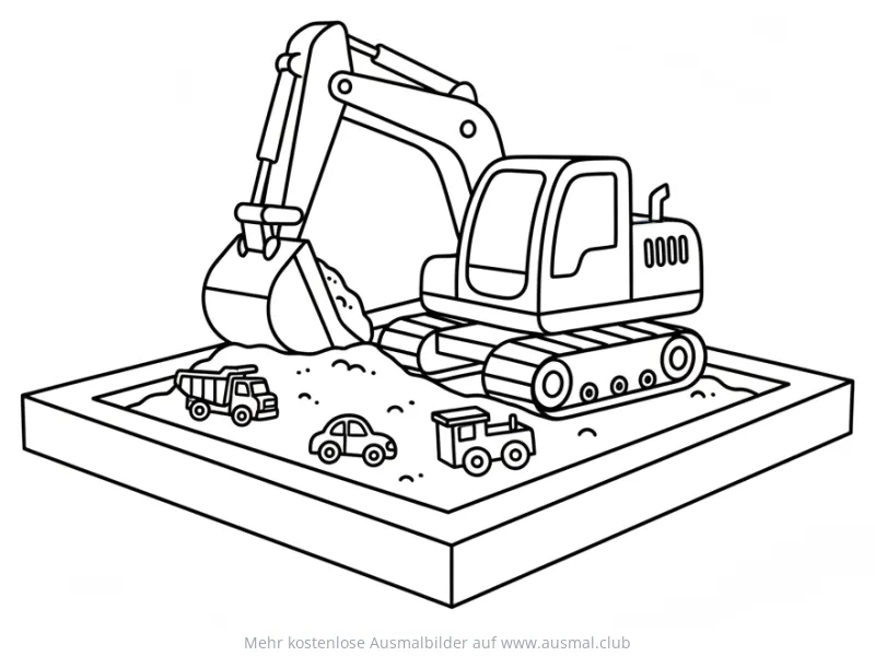 Bagger im Sandkasten mit Spielzeugautos Ausmalbild