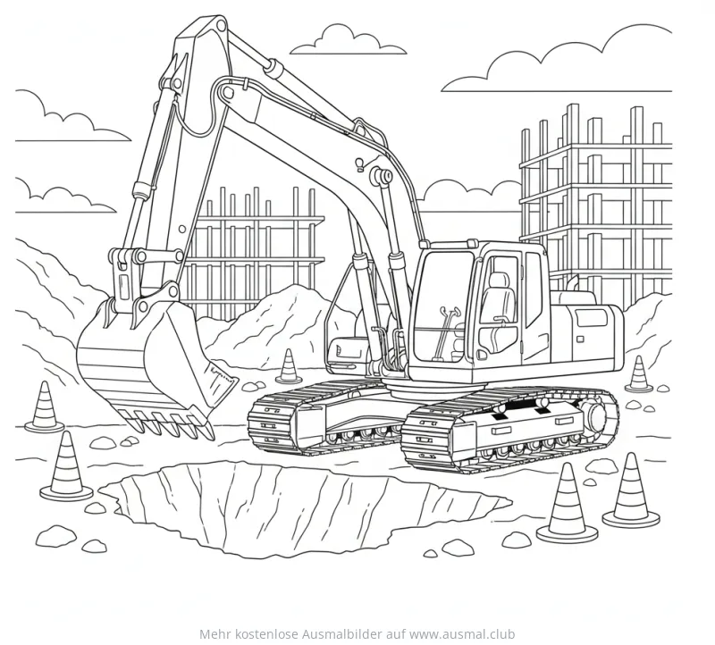 Bagger Ausmalbild auf Baustelle mit Kegeln und unfertigem Gebäude