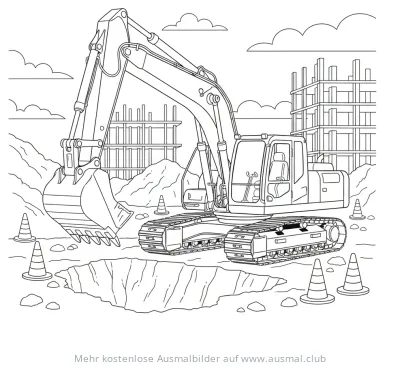 Bagger Ausmalbild auf Baustelle mit Kegeln und unfertigem Gebäude