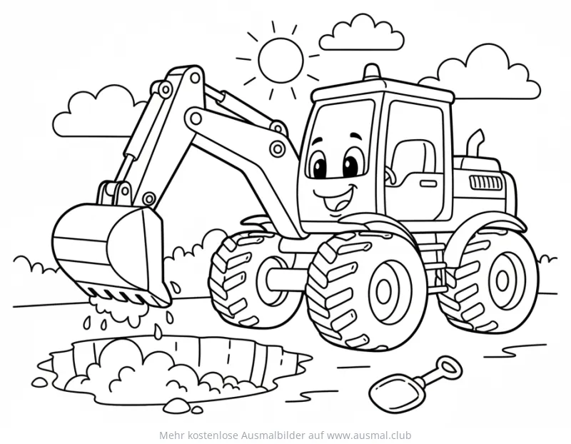 Freundlicher Bagger schaufelt Erde in Grube Ausmalbild